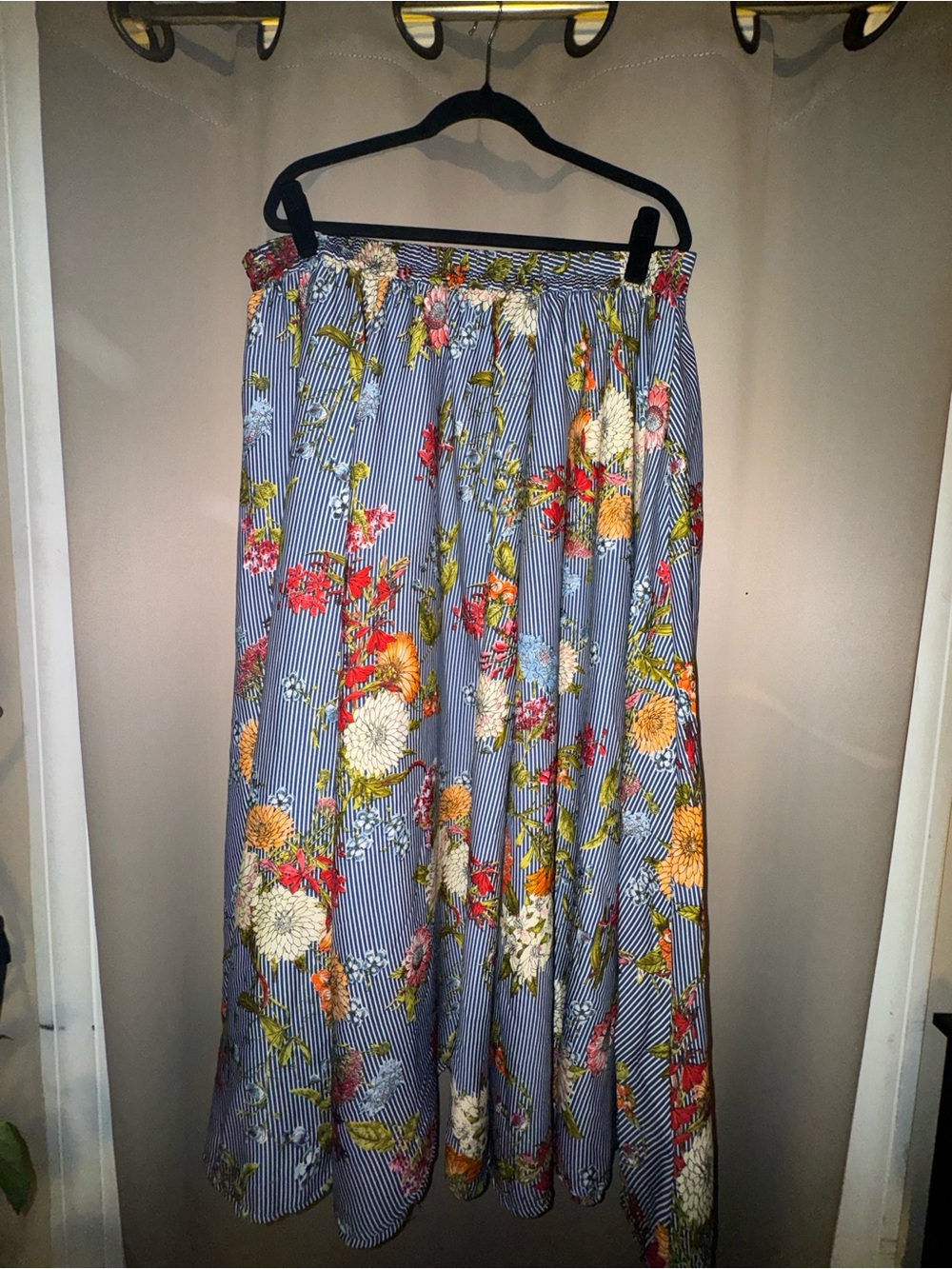 Mlle Gabrielle Blue Striped Maxi Skirt with Multicolor Floral Print